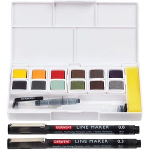 Set Acquerelli “Line & Wash” per Urban Sketching 12 mezzi godet – DERWENT - 1